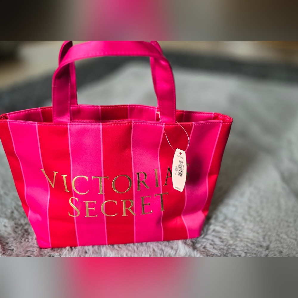 Victoria's Secret Mini DARK RED PINK STRIPE TOTE. Limited Edition. NEW